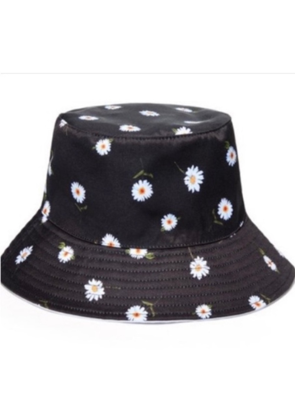 Reversible Black With White Daisy Bucket Hat